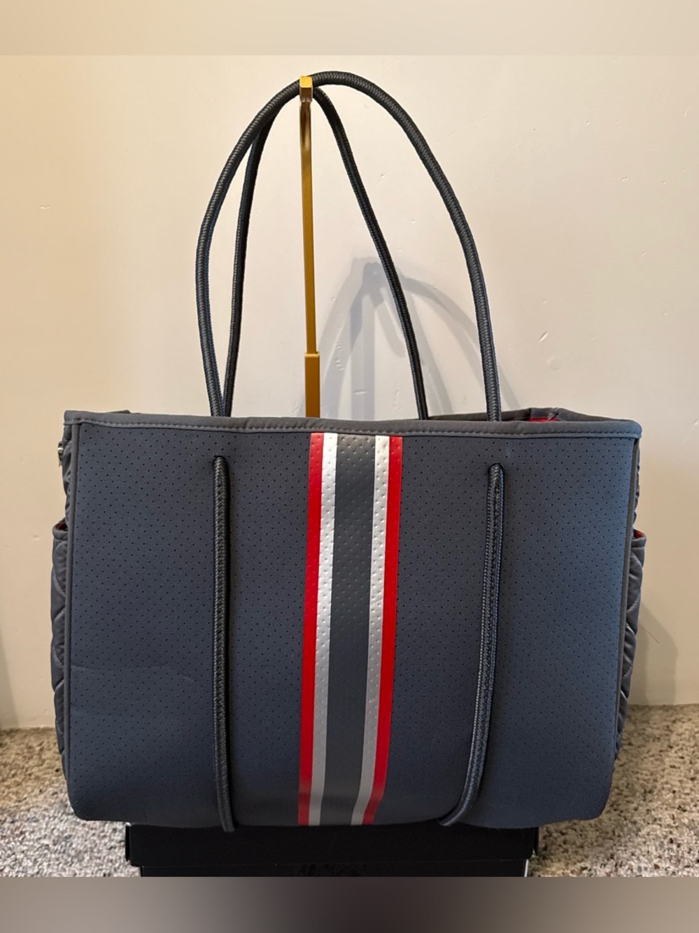 Haute Shore Gray Neoprene Tote Bag with Red & Silver Stripes